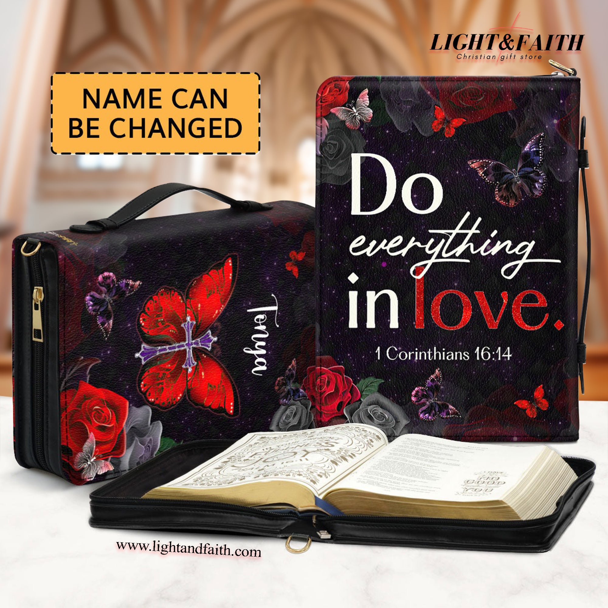 Do Everything in Love Leather Book Cover, Personalized Zippered Bible Cover With Handle, 1 Corinthians 16:14, Christian Anniversary Gifts For Couple, Christian Gift, Bible Covers Jesus Gifts